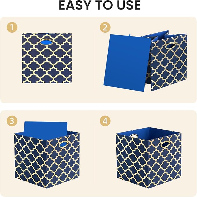 Posprica 13x13x13 Storage Cube Bins, Collapsible Storage Bins Fabric Storage Cubes Organizer Baskets Box Drawers for Shelves, Closet, Wardrobe, Bookshelf Blue/Gold Lantern, 4 Pack