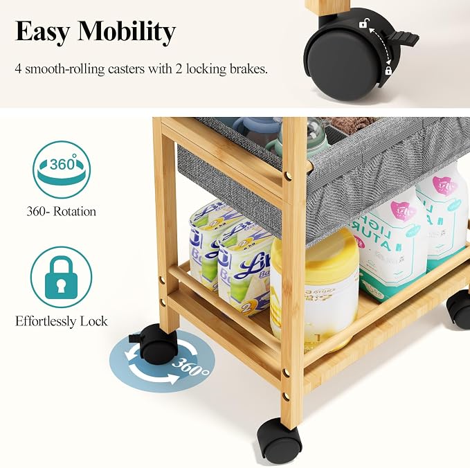 Bamboo Diaper Caddy Cart with Wheels - 3-Tier Rolling Storage，Grey | Removable bins, side pockets, sturdy handle, smooth wheels. For nursery, living room, laundry, pet. Natural bamboo, versatile