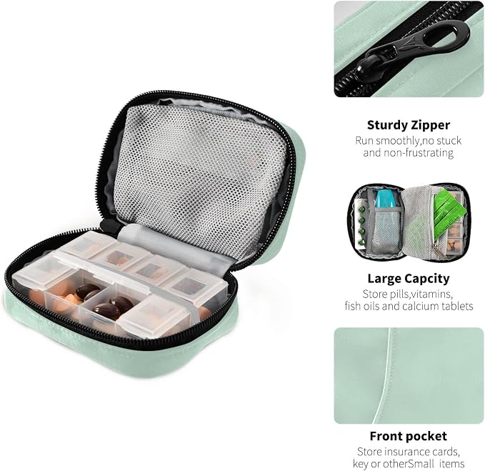Naanle Pill Box 7 Day Pill Case Travel Pill Organizer Bag with Zipper Portable Weekly Case Compact Size for Vitamin Supplement Holder, Solid Color Light Green, 4.6 x 3.14 x 1.88 Inch, 0.12 kilograms