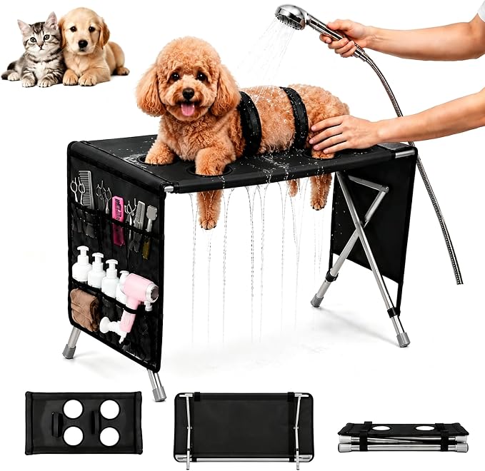 Foldable Pet Bathing Stand Holder Grooming Shower 8-Hole Wash Hammock,Washing Bed for Small Dogs and Cats Washing Picking Ears Nail Clipping,Stainless Steel Grooming Table with Stand，Upgrade-Black