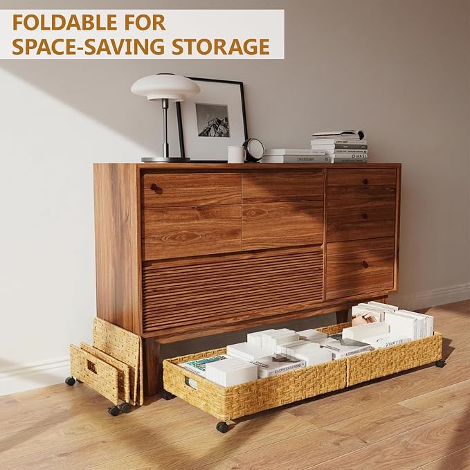 Under Bed Storage Containers with Wheels, 31.5” Large Handwoven Rattan Rolling UnderBed Storage Bins, Tool-free Assembly Natural Under The Bed Organizer Drawers for Bedroom, Sheets Clothes Blankets