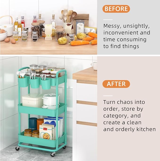 3-Tier Plastic Rolling Storage Cart Utility Cart Green | Utility Cart with Extra Hanging Cups Arc-Shaped Handles Lockable Wheels for Living Room Bathroom Kitchen Office