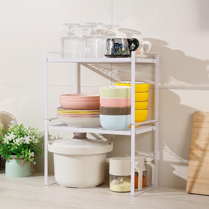 MiaLi Cabinet Organizer Shelf, Set of 2 Metal Counter Shelves Spice Rack, Stackable Kitchen Bathroom Organizers and Storage, White