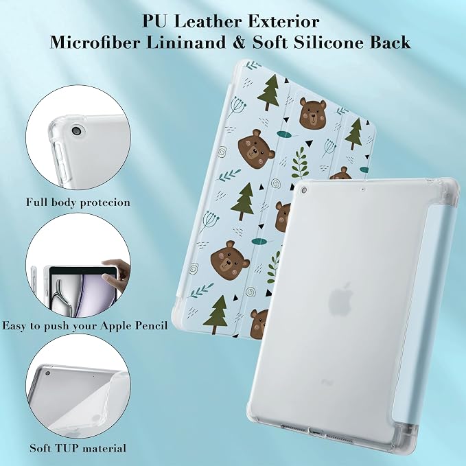 Cute Bear Case for 7.9" iPad mini 4/iPad mini 5, Clear TPU Smart Stand Back Cover with Pencil Holder, Auto Wake/Sleep Foldable Four-Corner Shockproof Protective Case
