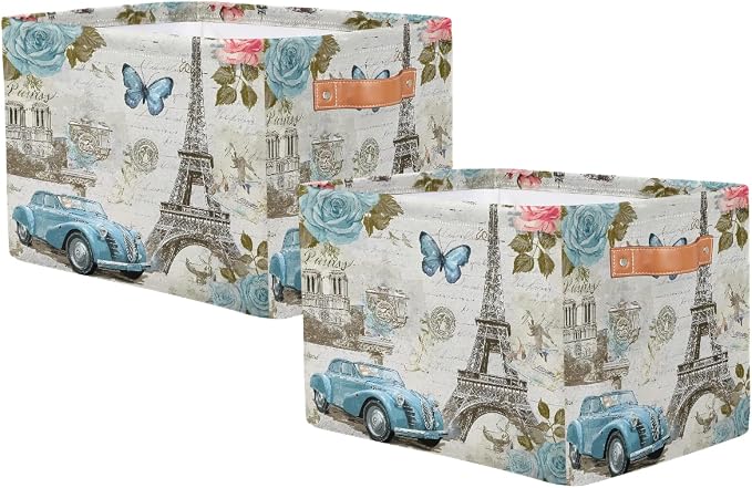 AUUXVA Storage Basket Vintage Paris Eiffel Tower Rose Flower Old Car Storage Cube Box Durable Canvas Collapsible Toy Basket Organizer Bin with Handles for Shelf Closet Bedroom Home Office