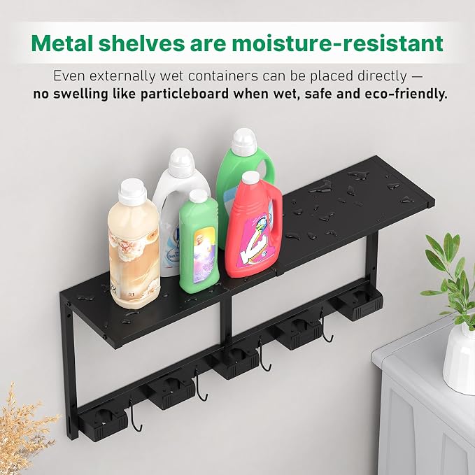 CCCEI Broom and Mop Wall Mount with Shelf, Laundry Room Cleaning Tools Organization Hanging Rack with Hooks, Bathroom, Garage, Garden Organizers and Storage. All Metal, Black, 2 Pack.