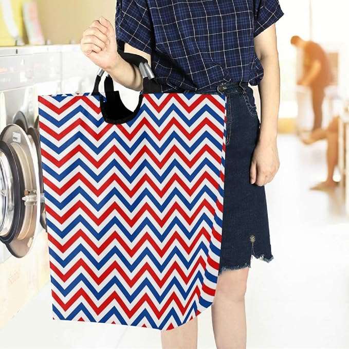 visesunny Blue and Red Wavy Stripe Large Laundry Hamper with Handle Foldable Durable Clothes Hamper Laundry Bag Toy Bin for Bathroom, Bedroom, Dorm, Travel
