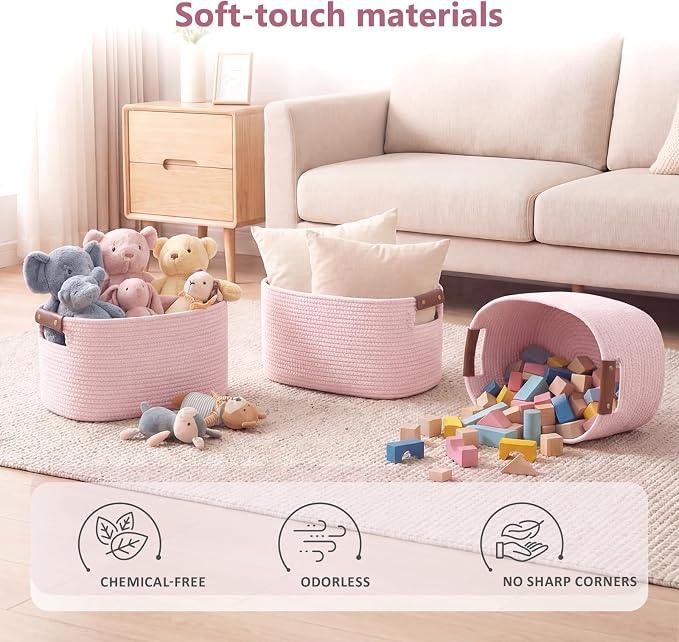ECDYQXVU 15x10x9 Woven Cotton Rope Storage Basket, Leather Handles 2 Pack | Foldable Design, Sturdy PU Handles, Easy to Clean Organizer for Living Room, Closet, Shelves, Bedroom, Laundry, Clothes