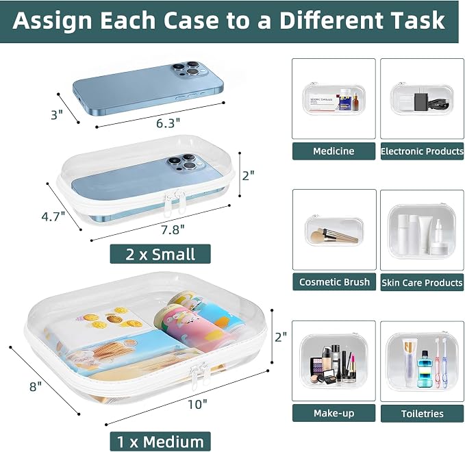 Clear Hard Shell Zipper Cases(3 Packs), Plastic Hard Sided Zippers Pouches Clear Hardshell Pencil Case For Storage, Diaper Bag Organizer Bliss Bins 2*Small/1*Medium