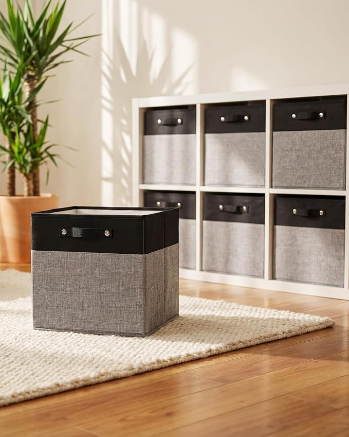 FinishingBo 13 inch Cube Storage Bins with Handles 4 Pack | Foldable Linen Storage Baskets, Closet Organizers, Shelf Baskets, Black Grey
