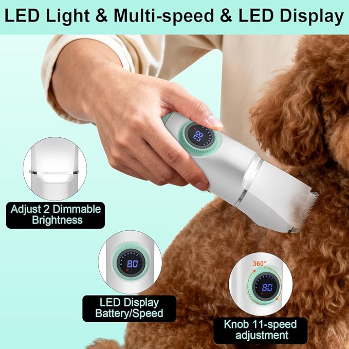 TBTeek Dog Clippers with LED Light, Cordless Dog Grooming Kit 5 in 1, Rechargeable Quiet Pet Clippers Paw Trimmer Nail Grinder for Body Face Ears Paw Nail