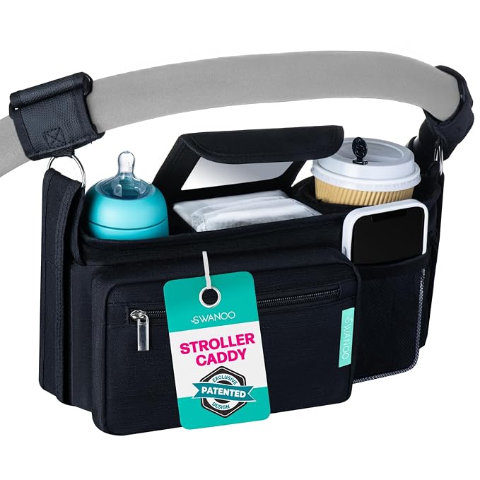 Swanoo Stroller Caddy Organizer, Cup Holder, Wipes Pocket, Non-Slip, Black