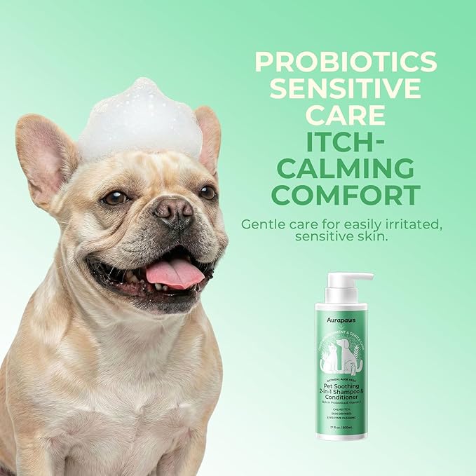 2-in-1 Dog Shampoo & Conditioner, Probiotic Pet Shampoo for Dogs & Cats, Soothes Dry, Itchy, Sensitive Skin, Gentle Formula with Panthenol, Oatmeal & Aloe Scent, Paraben-Free, 17oz, 2-Pack