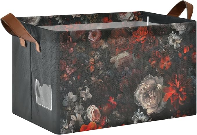 Moody Floral Goth Flower Gothic Dark Storage Bins for Shelves with Labels&Handles Fabric Organizer Bin Foldable Rectangle Storage Basket Boxes for Closet, Bathroom, Home, Living Room