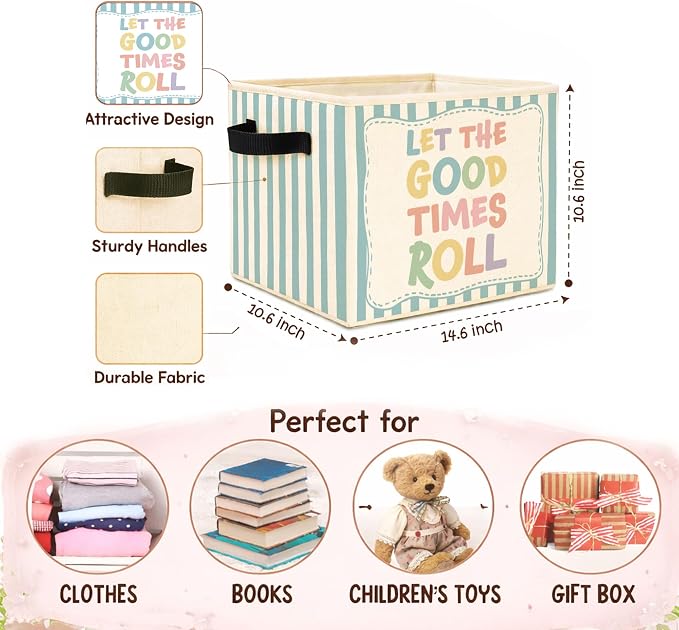 Good Times Storage Bin, Foldable Fabric Basket for BedRoom Classroom | Foldable fabric storage bin with blue stripe design for toys, books, clothes, nursery, classroom, and playroom use.