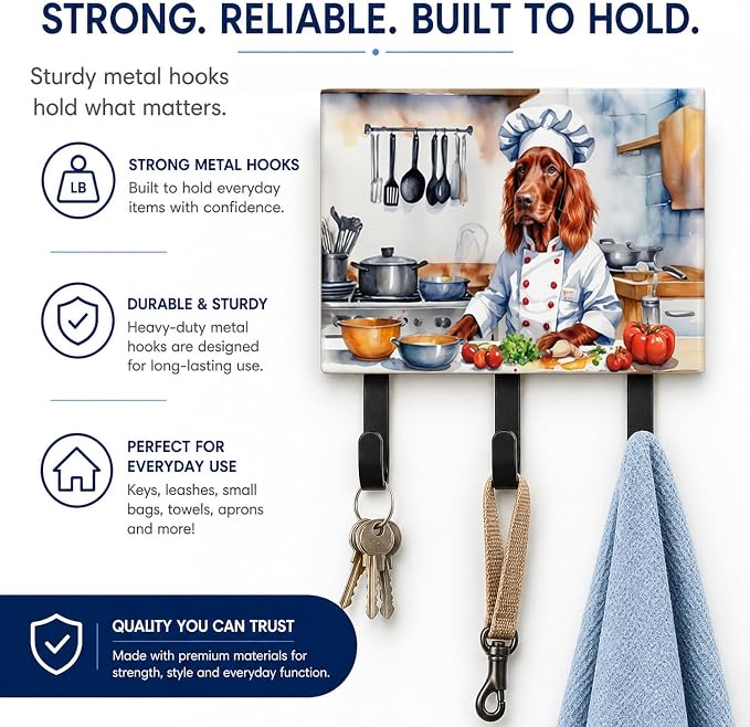 Caroline's Treasures Irish Setter The Chef Leash or Key Holder Wall Hooks, Key Hooks Holder, Coat Rack Wall Mount, Coat Hooks, Hooks for Hanging Keys, Towels, Aprons, Leashes | Irish Setter The Chef artwork on ceramic tile with three steel hooks for ke...