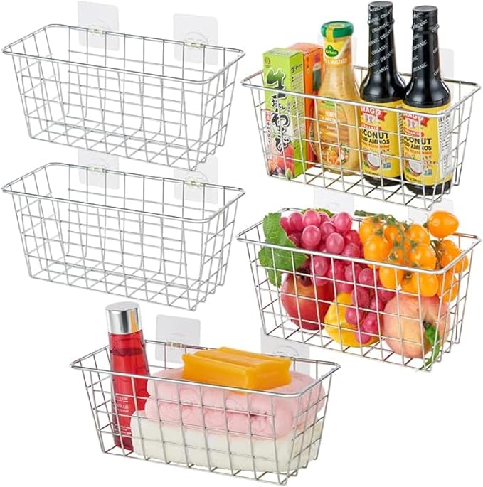JUNCHU CHERRY 5 Pack Hanging Storage Basket, Bathroom Basket, Household Goods, with Traceless Tape, no Drilling, for Cabinet Storage, Kitchen, Bathroom, Storage Room,Chrome