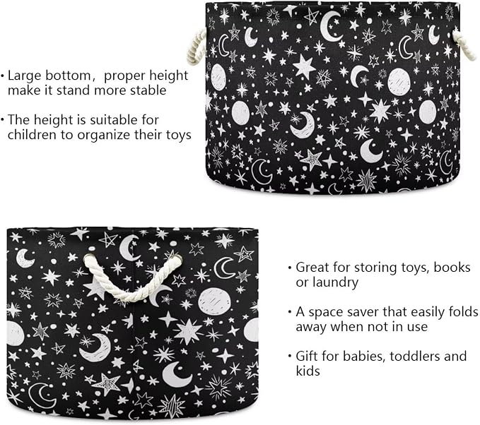 Stars Moon Print Collapsible Round Storage Basket with Handles | Black White Gothic Large Laundry Baskets Hamper, Clothes Organizer Bin for Bedroom Living Room Decor, 20x 20x 14 Inches