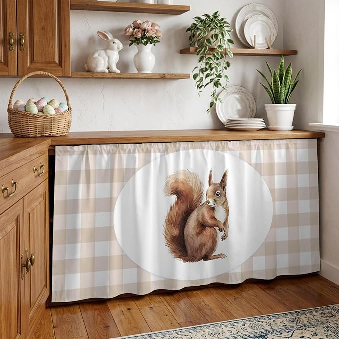 Squirrel Plaid Sink Skirt for Bathroom, Self-Adhesive Under Sink Curtain, Modern Farmhouse Checkered Rustic Animal Hide Pipes & Storage Fabric Cabinet Skirt Cover for Kitchen Laundry 32"x55"