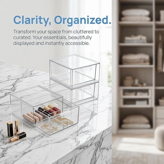 Hemobllo 4pcs Stackable Storage Drawers with Handle, Plastic Makeup Organizer Boxes with Removable Dividers, Pet Material for Lipstick and Accessories, for Makeup Bag and Undersink Cabinets
