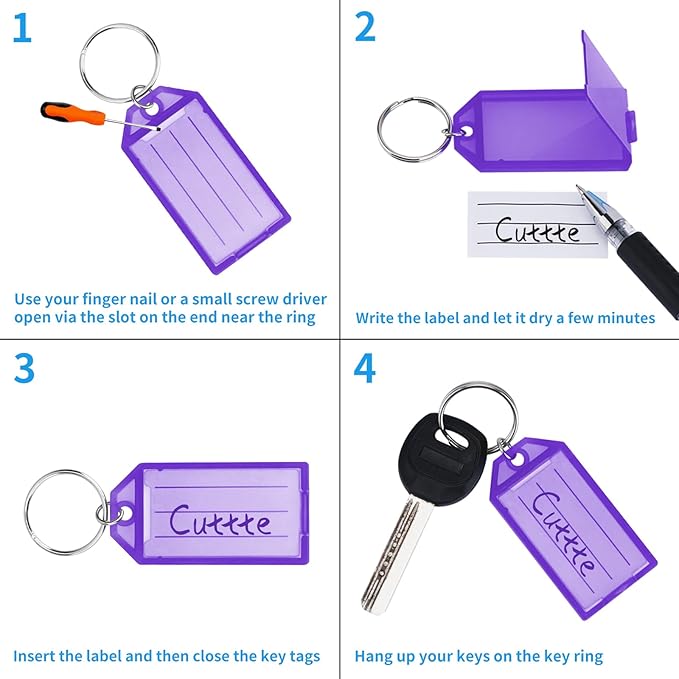Cuttte 48 Pack Plastic Key Tags with Ring and Label Window 8 Colors | Key Chain Labels for Organizing Flash Drives, Suitcases, Backpacks, Luggage, Lunchboxes