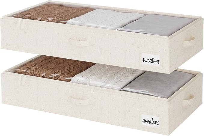 StorageWorks 6 Inch Low Profile Under Bed Storage Containers with Clear Lid | Reinforced Structure, Resists Sagging, Handles & Label Holder, Foldable Stackable Closet Storage for Clothes, Blankets, Toys