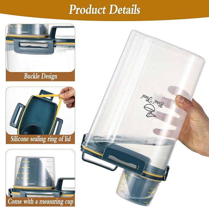2 Pcs 3.17 Qt/3 L Bird Seed Storage Container Airtight- Portable Bird Food Container with Airtight Measuring Cup, Clear Pet Parrot Seed Dispenser for Birds Food Chicken Feed Storage, Blue Lid