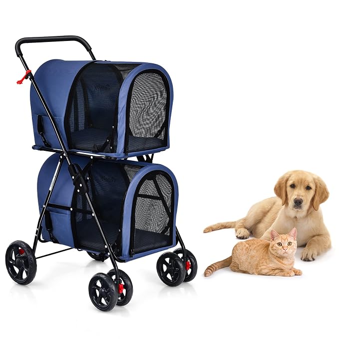 PETSITE Double Dog Stroller, Foldable Pet Stroller for 2 Dogs & Cats Small Medium Sized with Detachable Carrier on Wheels, Ideal for Car Seat Walking Camping Travel