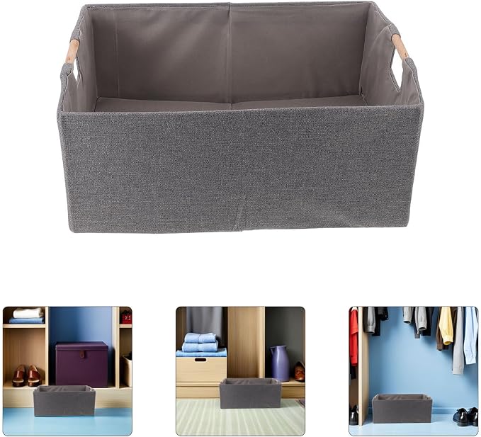 Foldable Fabric Storage Basket for Clothes, Rectangular Cloth Organizer with Wood Handles, Sturdy and Portable Clothing Storage Holder for Bedroom and Underbed Use,