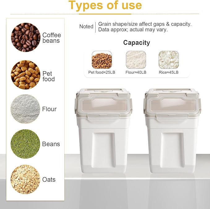 Saim 50lb Flour & Rice Storage Container Bin (4Pack Grey) | BPA free plastic with seal lid, rolling wheels and measuring scoop for rice, flour, cereal and grain one-hand scooping