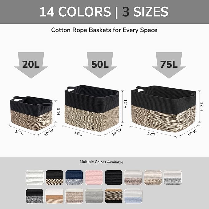 Goodpick Woven Storage Basket for Shelves, 13" x 10" x 9", Black & Gray | Decorative Gift Basket for Nursery & Bedroom, Cotton Rope Baskets for Toys, Books & Daily Essentials, Rectangle Design