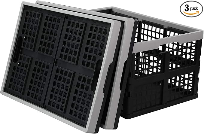 Vababa 42 L Stackable Collapsible Storage Crate, 3-Pack Storage Basket | Plastic Material, Collapsible Design, Stackable for Storage, Large Capacity, Ideal For Grocery, Warehouse, Garage Storage