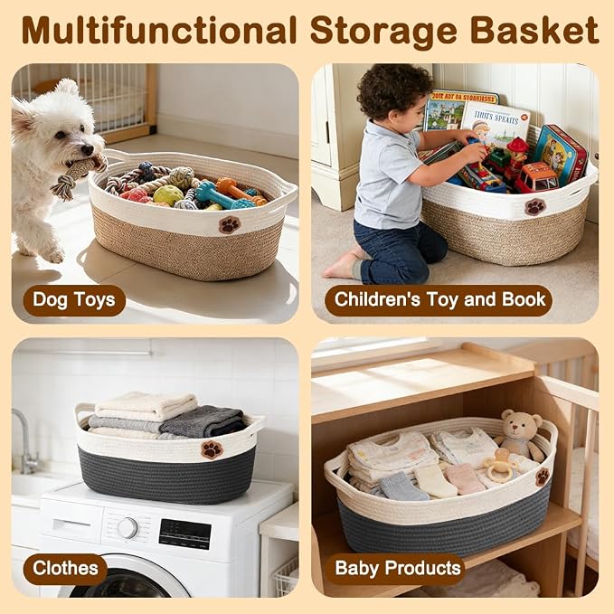 SZEE 2 Pack 30L Large Dog Toy Basket, Nursery Blanket Storage Basket for organizing, Woven Blanket Storage for Living Room, Laundry Basket with Triple-Reinforced Handles, 19.7"×11"×7.9", Brown+Gray