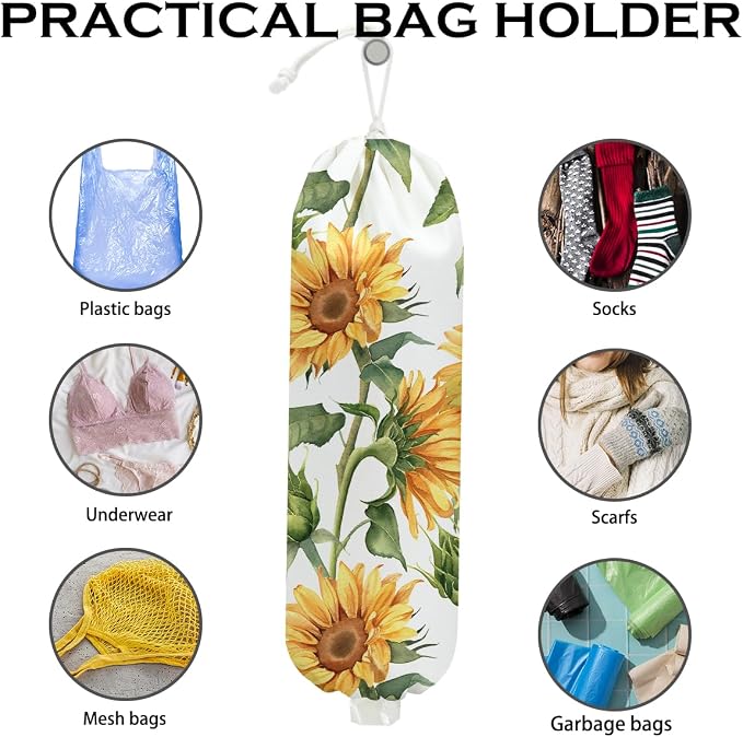 Sunflower Plastic Bag Holder for Kitchen Essentials, Wall Mount Grocery Bag Holder for Plastic Bags, Sunflower Reusable Shopping Bags Storage Dispenser for Home Kitchen Pantry, 22.5x9 Inch