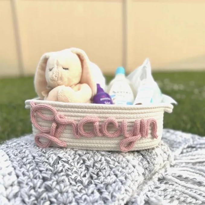 Personalized Cute Small Woven Basket with Handles, Custom Cotton Rope Room Shelf Storage Basket, Empty Decorative Gift Basket, Decorative Round Bin for Nursery Bedroom Bathroom (Style D)