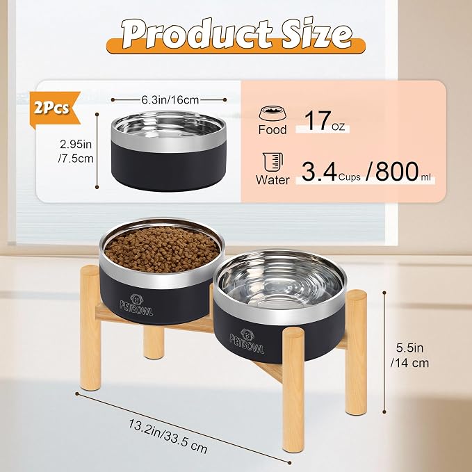 UPSKY 27oz Elevated Stainless Steel Dog Bowls Non-Slip Wooden Stand Black | Double Bowls, Raised Feeding, Reduces Neck Strain, For Small & Medium Dogs, Food and Water Use Indoor & Outdoor