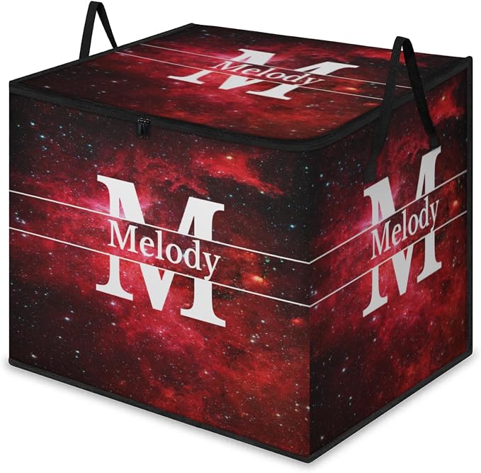 Personalized Name Foldable Storage Basket Cubes with Lid, Laundy Hamper Dirty Clothes Pet Toys Storage Bin with Handles for Shelf Home Closet Kitchen, Red Galaxy Universe with Initial Letter