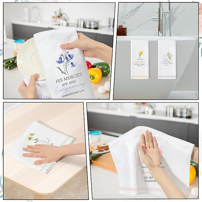 GROBRO7 Bible Floral Hand Towel - 6Pcs Religious Verse Scripture With Flower Pattern Kitchen Dishcloths Soft Polyester Towels Bathroom Home Dining Table Decor Christian Gift for Men Women Housewarming