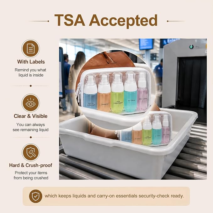 5 PCS Clear Refillable Travel Bottles, Travel Toiletry Bag | TSA Accepted Travel Size Containers, 1.0mm PET Pump Bottles for Toiletries, Organizer Bag, Toiletry Pouch (4x1.7oz+1x1oz)