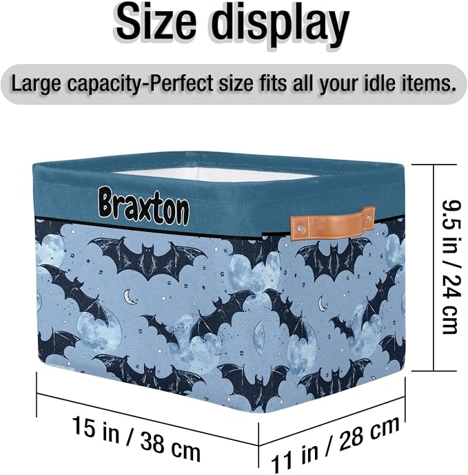Personalized Storage Bins, Customized Name Storage Basket Rectangle Clothes Organizer for Organizing Kids and Pets Toys Shelf Closet, Dark Blue Bat with Stars