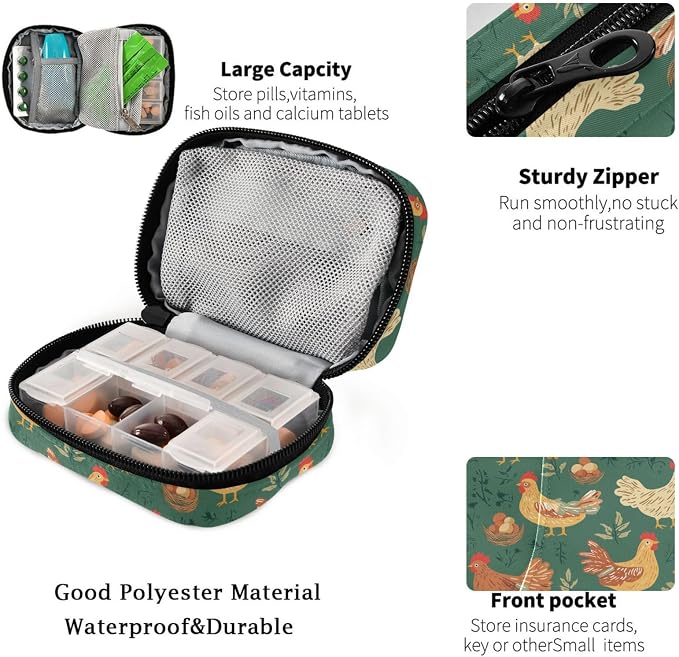 Fustylead Cute Rooster Hen Eggs Chicks Nest Plants Travel Pill Case Bag with Zipper Weekly Pill Box 8 Compartments 7 Day Personal Pill Case Purse Medicine Case Organizer