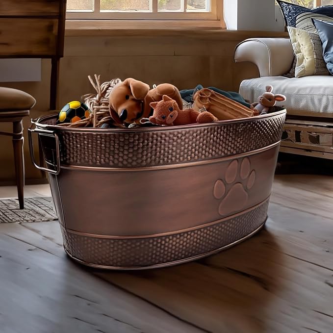 BREKX Copper Metal Dog Toy Storage Bin, Indestructible, Large | Toy Box, Blanket & Leash Organization • Handles