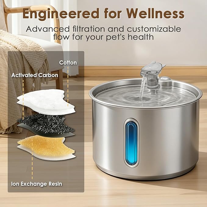 Stainless Steel Cat Water Fountain, 74oz/2.2L Automatic Pet Water Dispenser with 3 Filters & 2 Water Outlets, Quiet Indoor Drinking Fountain for Cats Small Dogs, Water Level Window