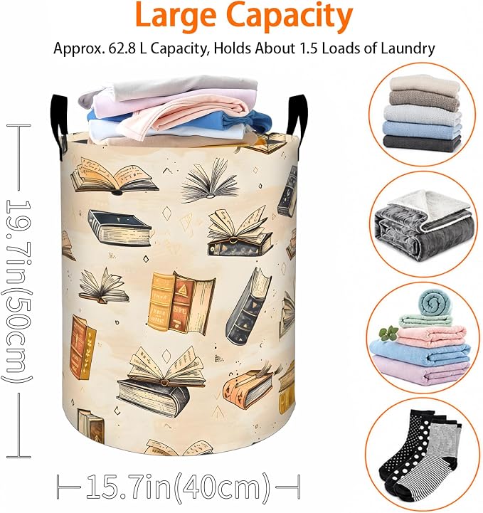 Vintage Book Laundry Basket, Literary Reading Oxford Cloth Dirty Clothes Collapsible Hamper for Room Decor, Book Lover Gifts, Toy Organizer 19.7 x 15.7 Inches for Bedroom Bathroom Dorm