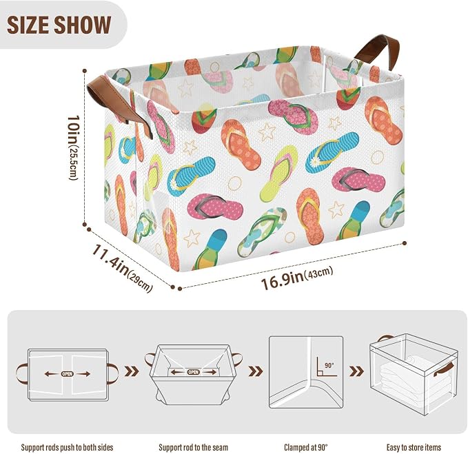 Beach Star Flip Flops Summer Slipper Storage Bins for Shelves with Labels&Handles Fabric Organizer Bin Foldable Rectangle Storage Basket Boxes for Closet, Bathroom, Home, Living Room, Laundry