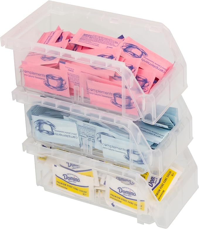 Small Stackable Plastic Storage Bins, 12-Pack, Clear | Open-Front Stackable Bins For Garage, Pantry, Closet & Office, 7"L X 4"W X 3"H, Nests When Empty, Durable Plastic