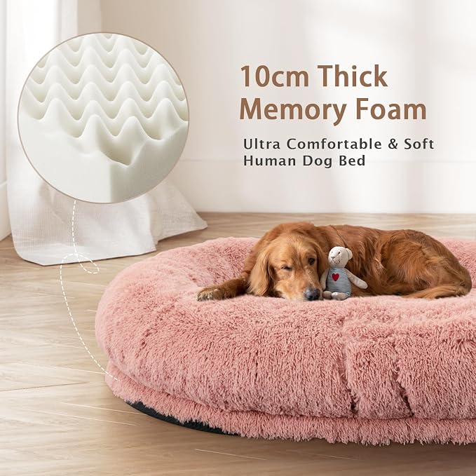 ROOMTEC Human Dog Bed, 71''x45''x12'' Size Fits Adult and Pet Washable Giant People Bed 10 CM Thick Memory Foam Large Oversize Pet Bed with Plump Pillow, Blanket, Strap - Pink