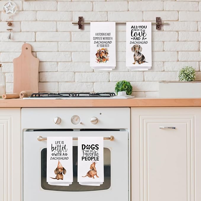 SPBL&L Dachshund Decor Kitchen Towels Set of 4, Dachshund Gifts for Women, Weiner Dog Hand Dish Towels for Kitchen Bathroom Decor, 16x24 Inches