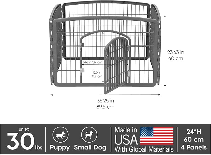IRIS USA 4-Panel Dog Playpen, Pet Enclosure, Gray | Puppy Training, Custom Pen Configuration, Multi-Shape Setup, Flexible Boundary, Secure Door Latch, Stable Non-Tip Base