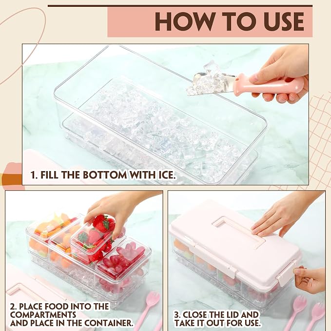 Chilled Condiment Caddy with Handle 4 Containers Taco Bar Serving set for a Party 1 Tong, 1 Ice Scraper, 4 Metal Forks, 20 Spoons for Mimosa Bar Supplies Accessories(Pink)